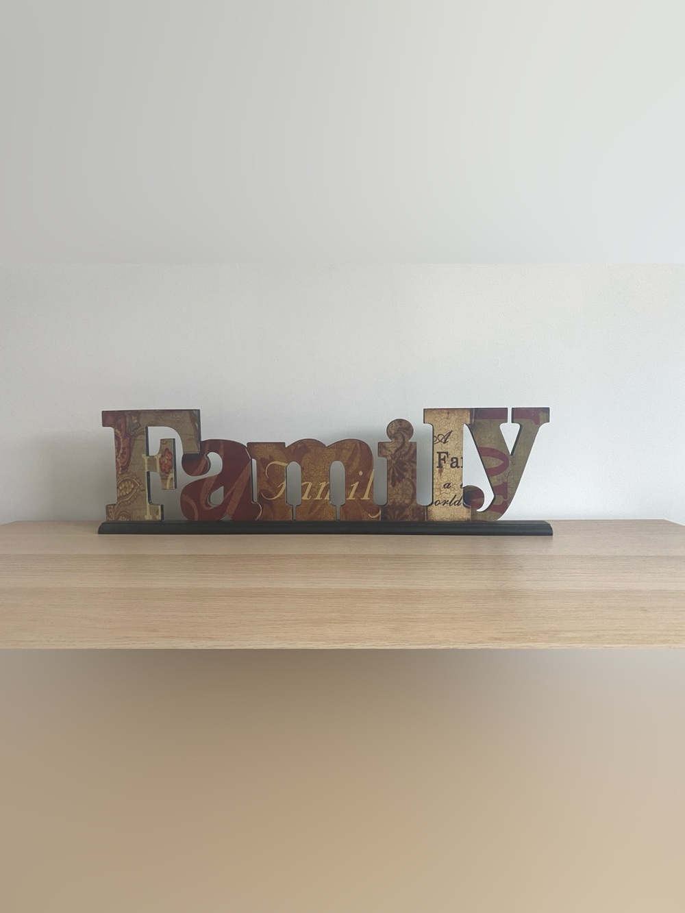 Decorative 'Family' Wooden Shelf Sign - Brown & Gold Decor